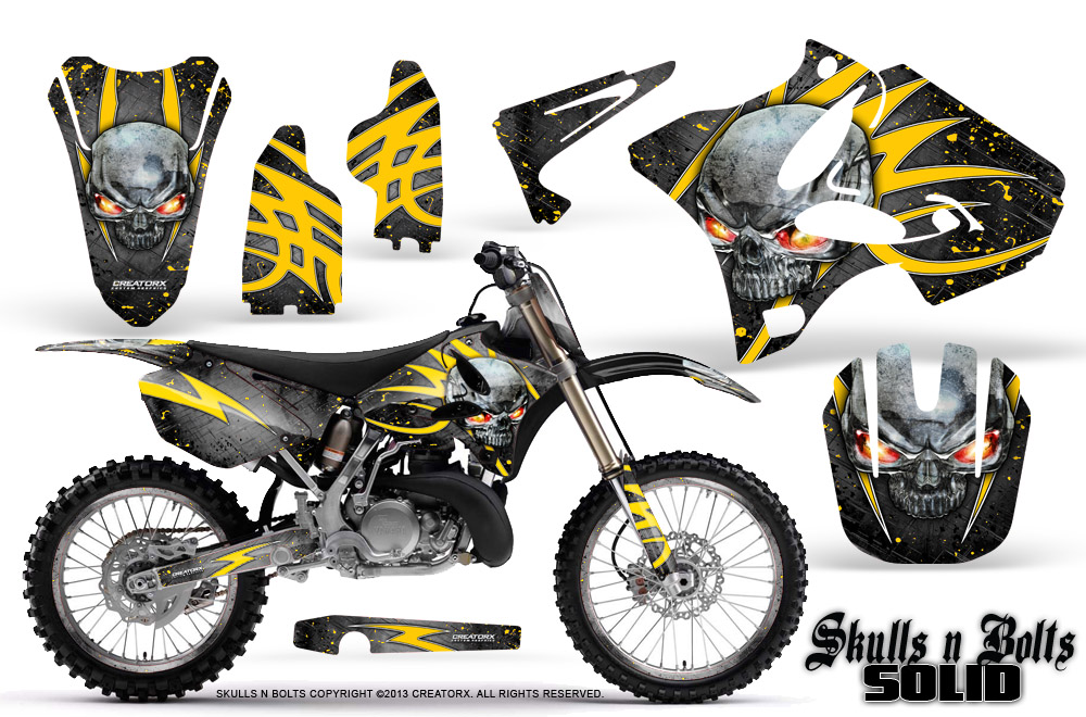 Yamaha YZ125-YZ250 02-12 Graphics Kit Skulls n Bolts Solid Yellow Silver NP Rims